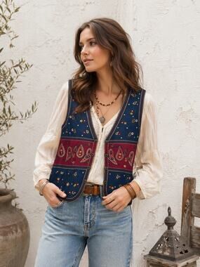 Vintage Solution Womens  Boho Cotton Vest Size S Embroidered Western Red Blue